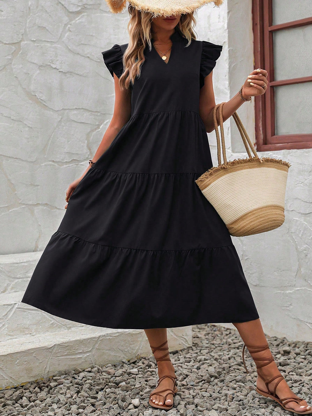 EMERY ROSE Notched Neckline Ruffle Trim Smock Dress Maxi Vacation