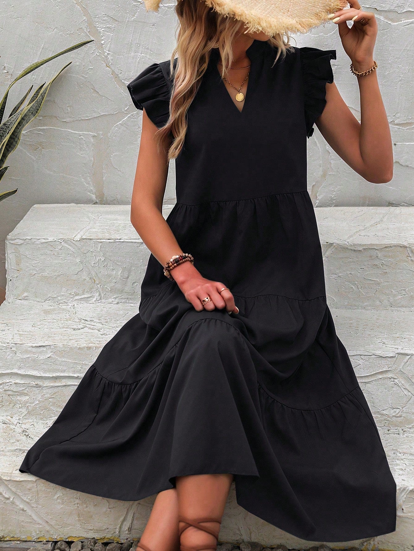 EMERY ROSE Notched Neckline Ruffle Trim Smock Dress Maxi Vacation