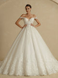 Embroidered Tulle Off-Shoulder High-Waist A-Line Wedding Dress With Train White Elegant Bridal Dress,Bride