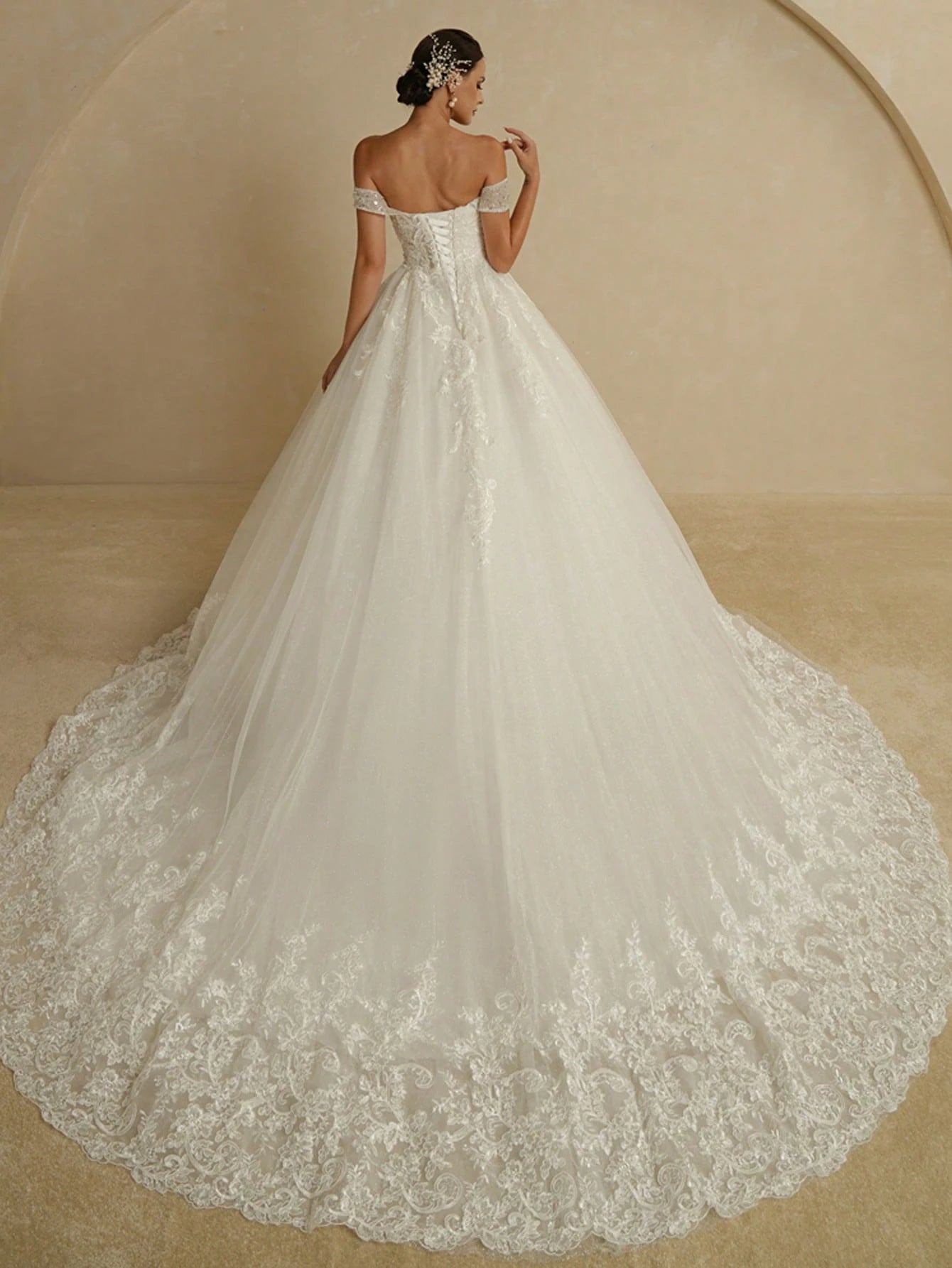 Embroidered Tulle Off-Shoulder High-Waist A-Line Wedding Dress With Train White Elegant Bridal Dress,Bride - image 2
