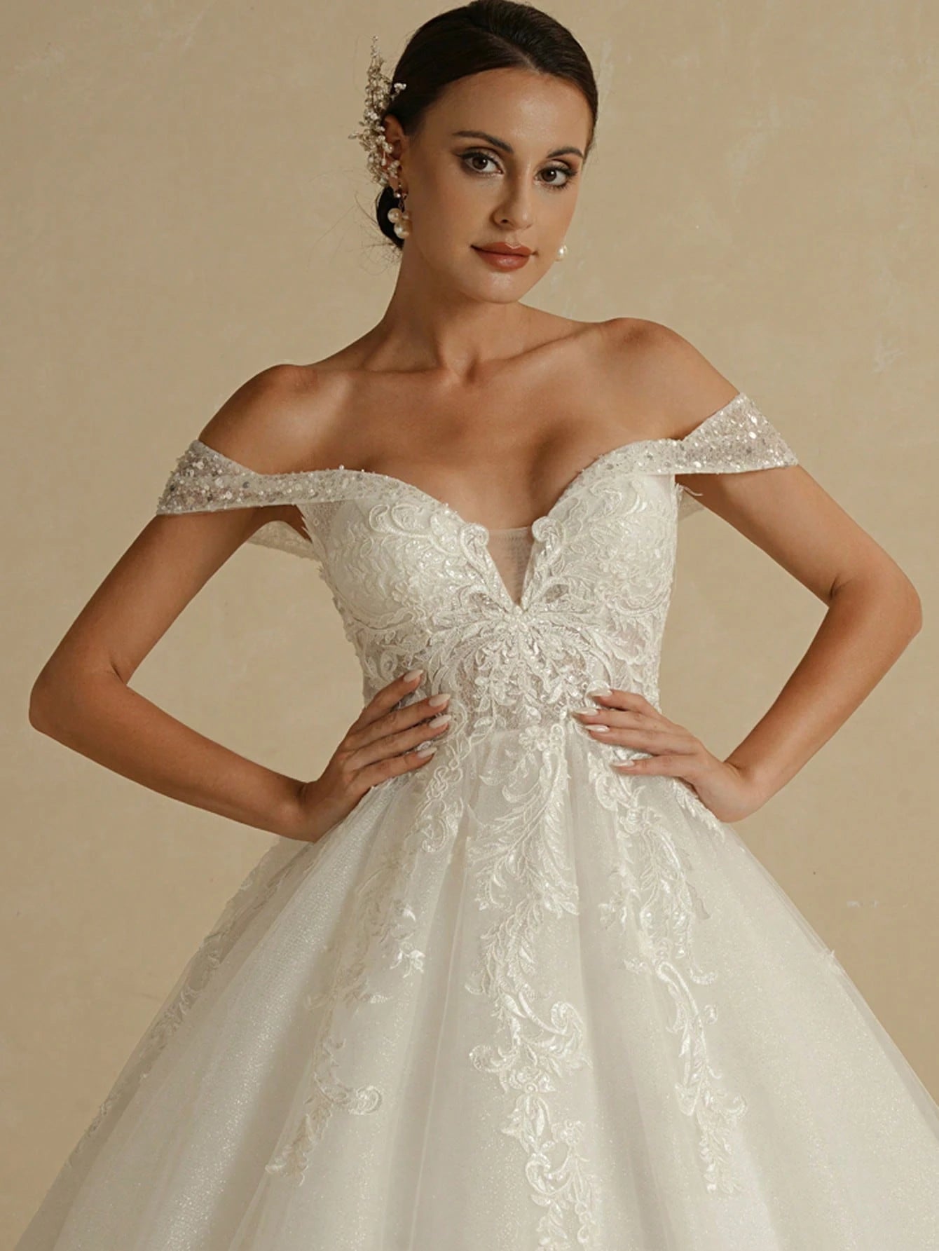 Embroidered Tulle Off-Shoulder High-Waist A-Line Wedding Dress With Train White Elegant Bridal Dress,Bride - image 3