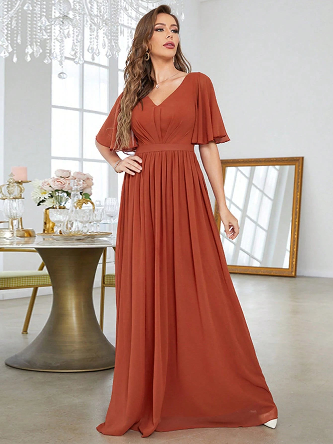 Solid Butterfly Sleeve Chiffon Bridesmaid Dress - image 3