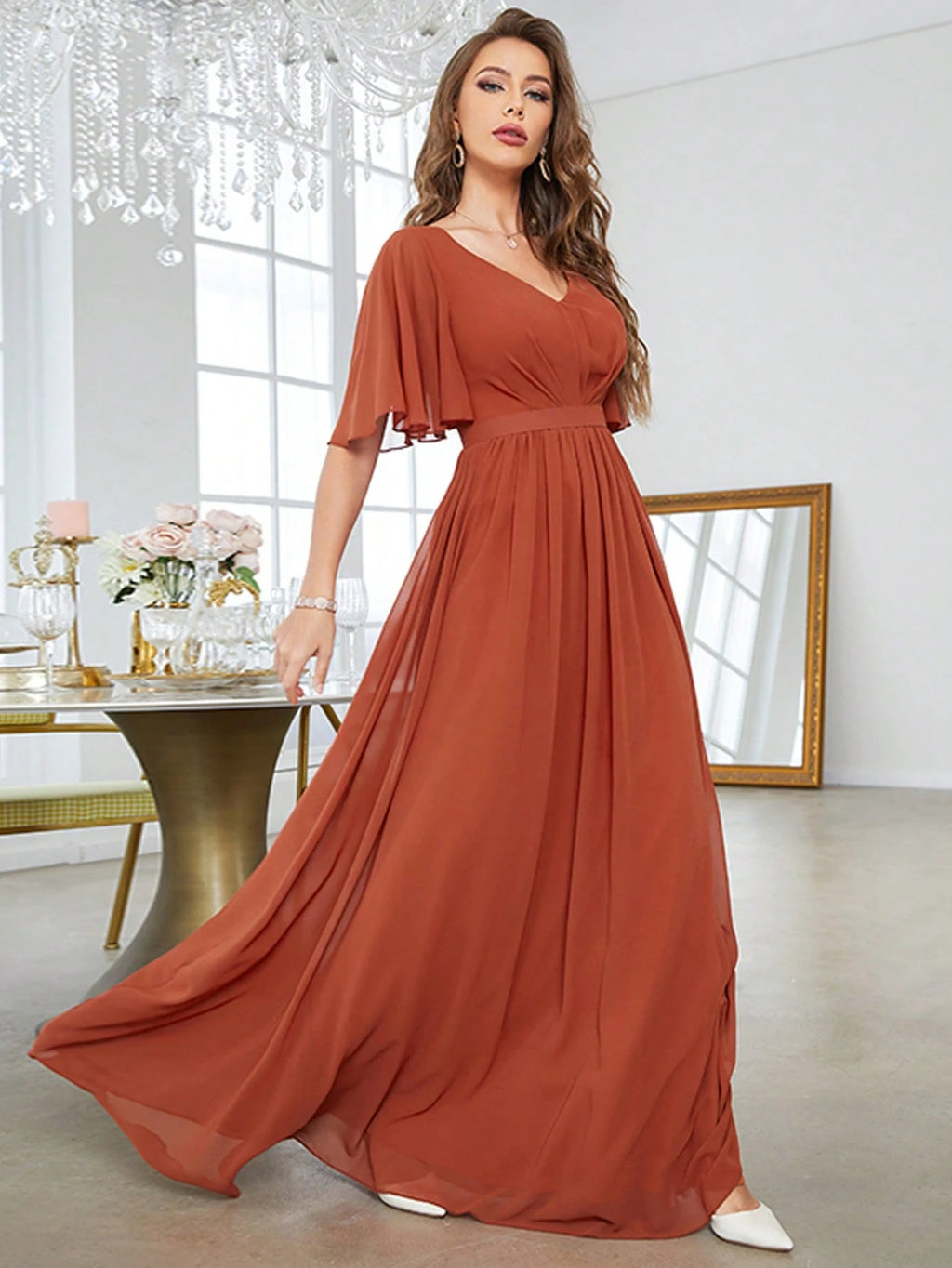 Solid Butterfly Sleeve Chiffon Bridesmaid Dress - image 4