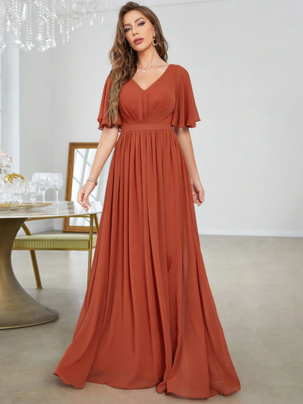 Solid Butterfly Sleeve Chiffon Bridesmaid Dress - image 5
