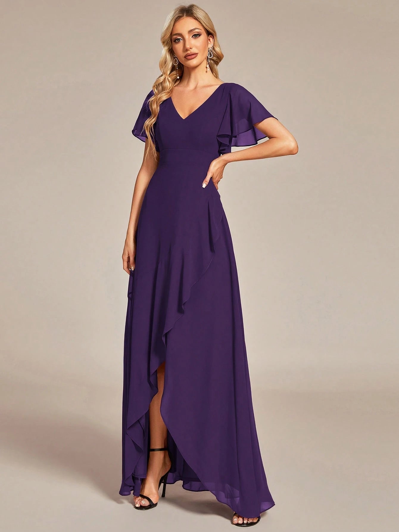 Butterfly Sleeve Ruffle Trim Wrap Hem Chiffon Bridesmaid Dress