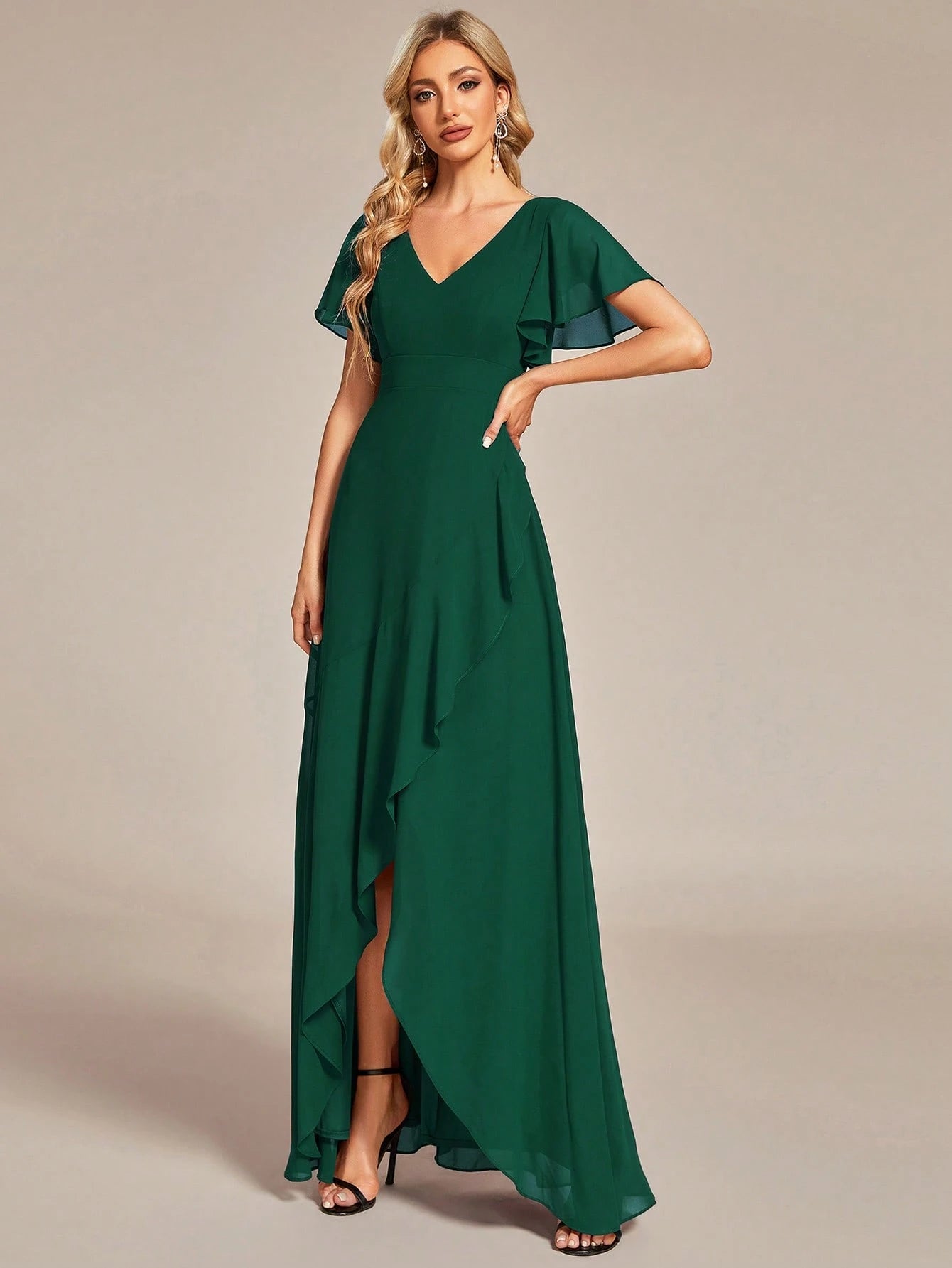 Butterfly Sleeve Ruffle Trim Wrap Hem Chiffon Bridesmaid Dress