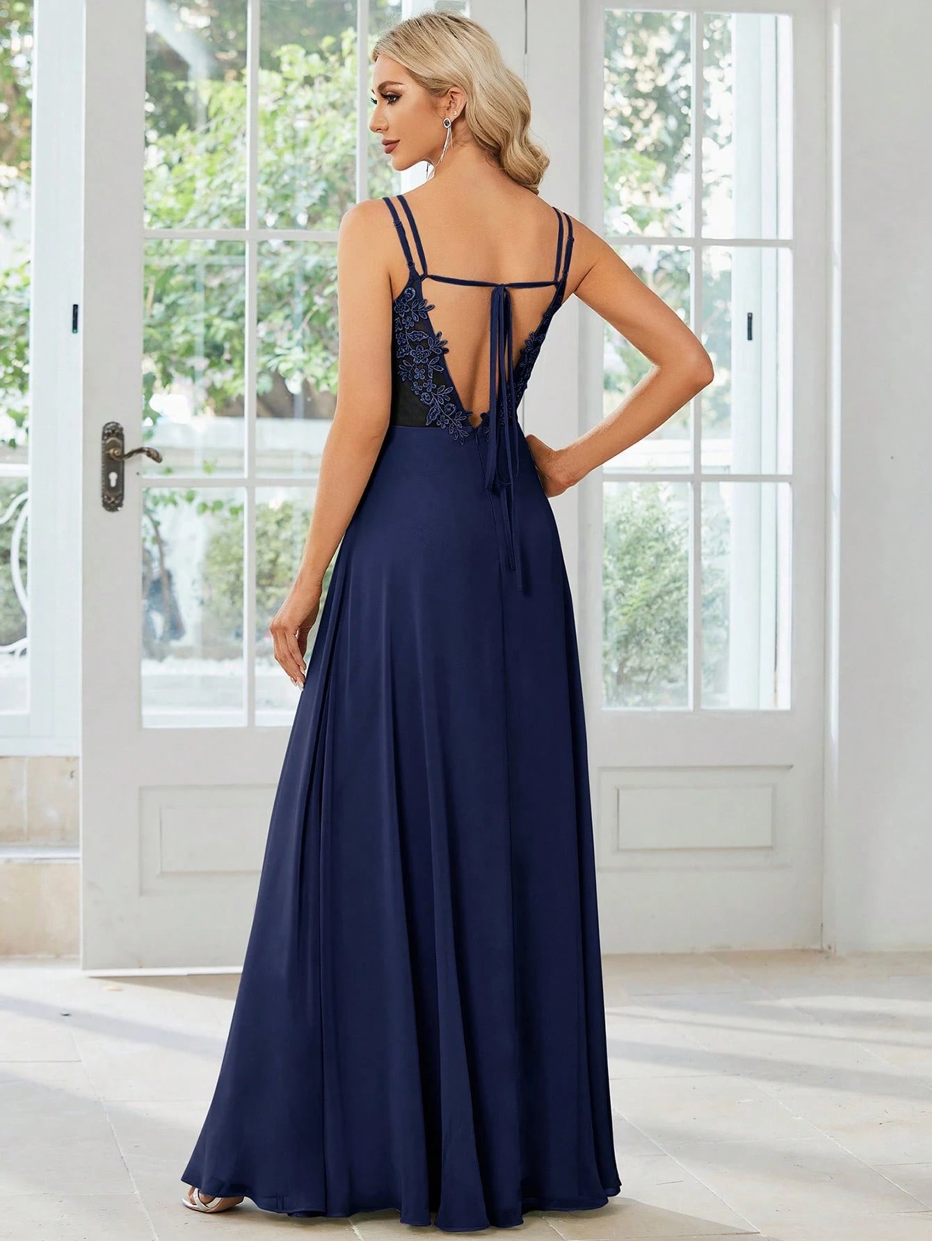 EVERPRETTY Elegant Chiffon Backless Floral Embroidered Sage Green Bridesmaid Dress, Suitable For Birthday - image 3
