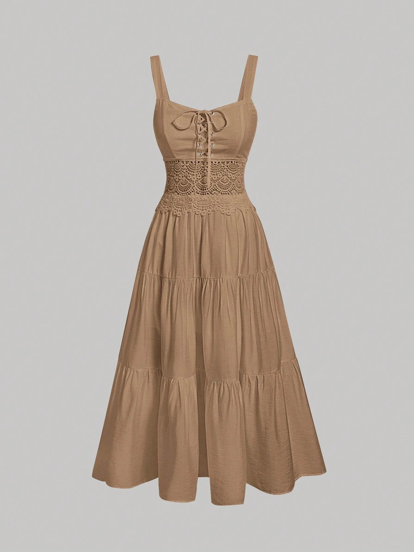 MOD Red Contrast Lace Ruffle Hem Cami Dress,Sleeveless Tiered Midi
