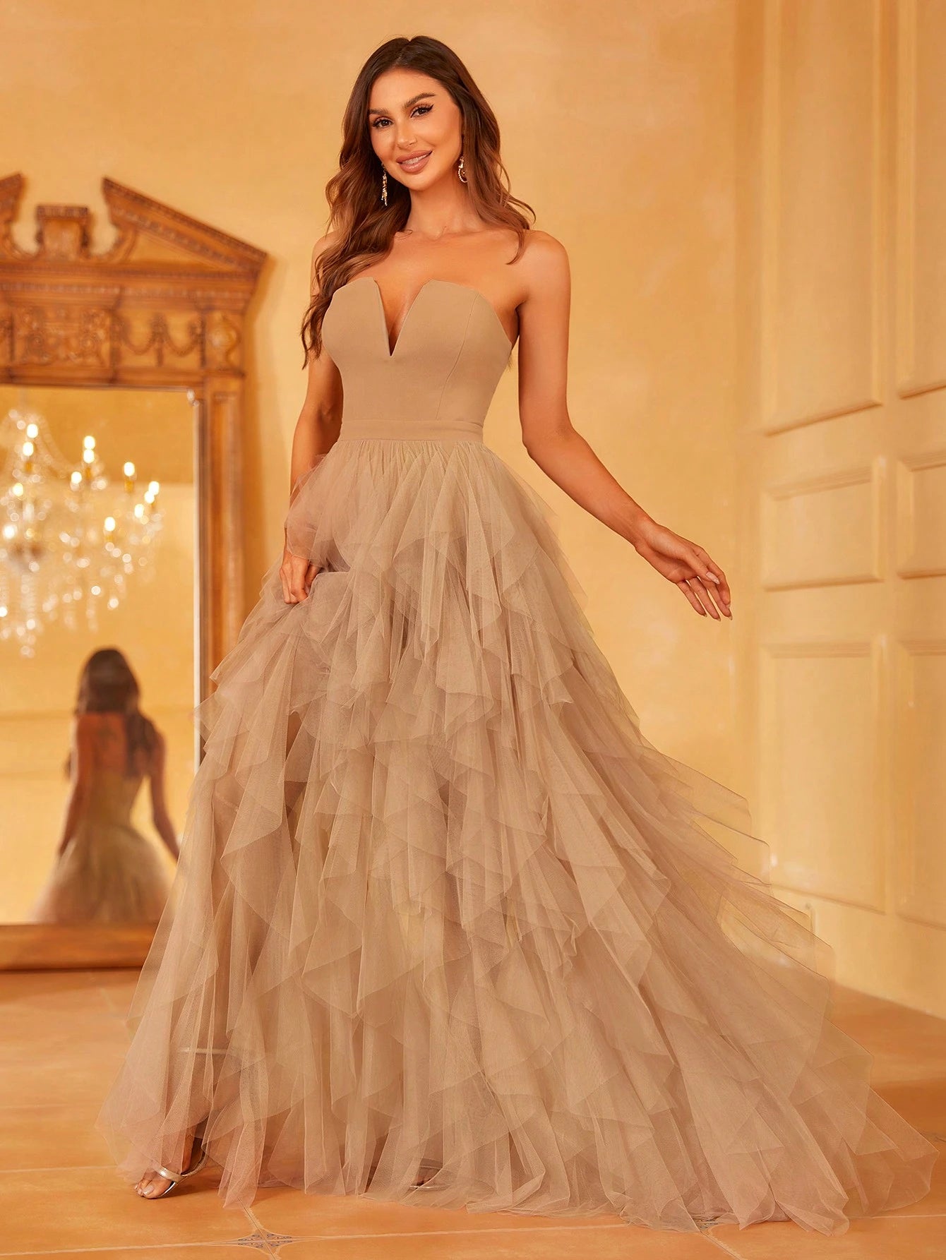 Elegant Strapless Notched Neckline Gown With Multi-Layered Tulle Skirt & Ultra-High Slit For Galas, Weddings, - image 9