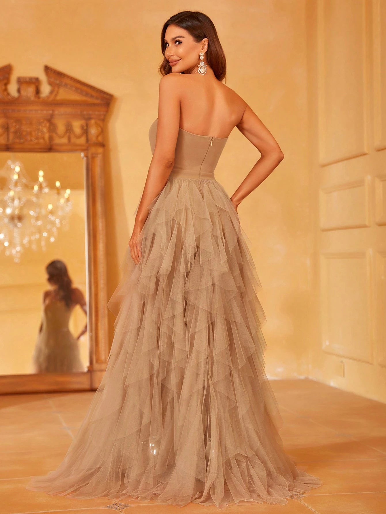 Elegant Strapless Notched Neckline Gown With Multi-Layered Tulle Skirt & Ultra-High Slit For Galas, Weddings, - image 10