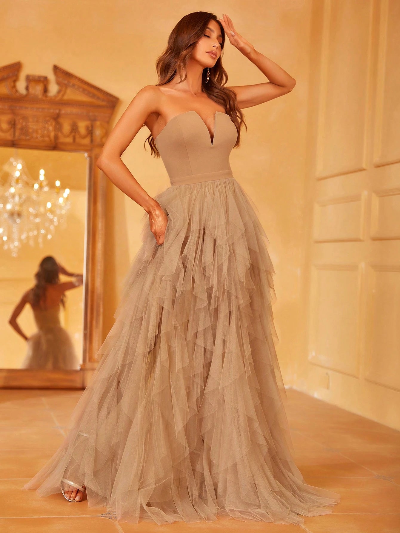 Elegant Strapless Notched Neckline Gown With Multi-Layered Tulle Skirt & Ultra-High Slit For Galas, Weddings, - image 11