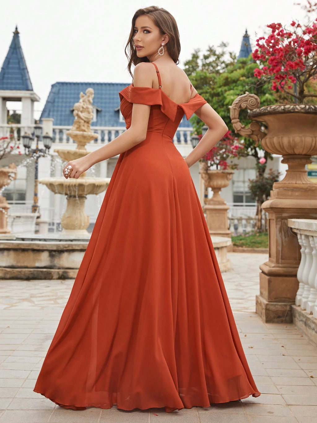 UNITHORSE Cold Shoulder Ruched Floor Length Chiffon Bridesmaid Dress Elegant Dress Wedding Spring - image 5