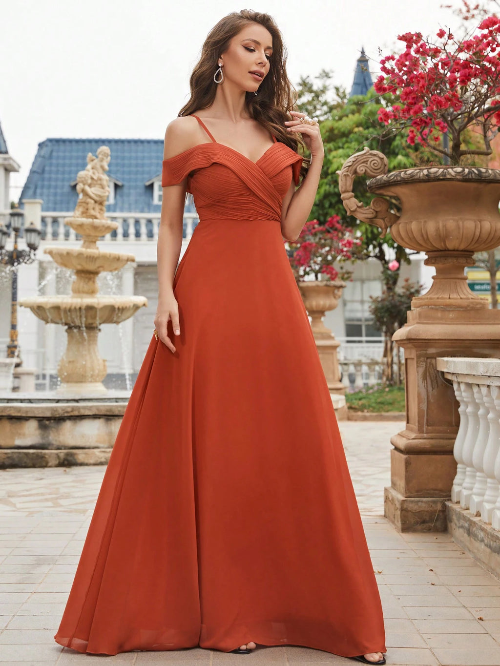 UNITHORSE Cold Shoulder Ruched Floor Length Chiffon Bridesmaid Dress Elegant Dress Wedding Spring - image 7