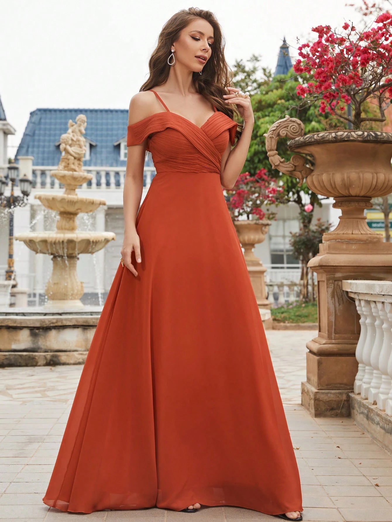 UNITHORSE Cold Shoulder Ruched Floor Length Chiffon Bridesmaid Dress Elegant Dress Wedding Spring - image 7