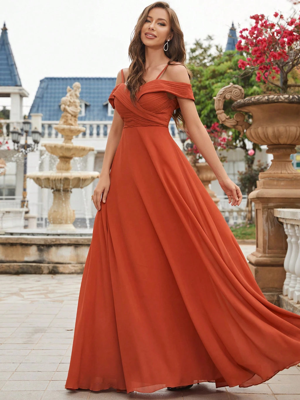 UNITHORSE Cold Shoulder Ruched Floor Length Chiffon Bridesmaid Dress Elegant Dress Wedding Spring - image 9