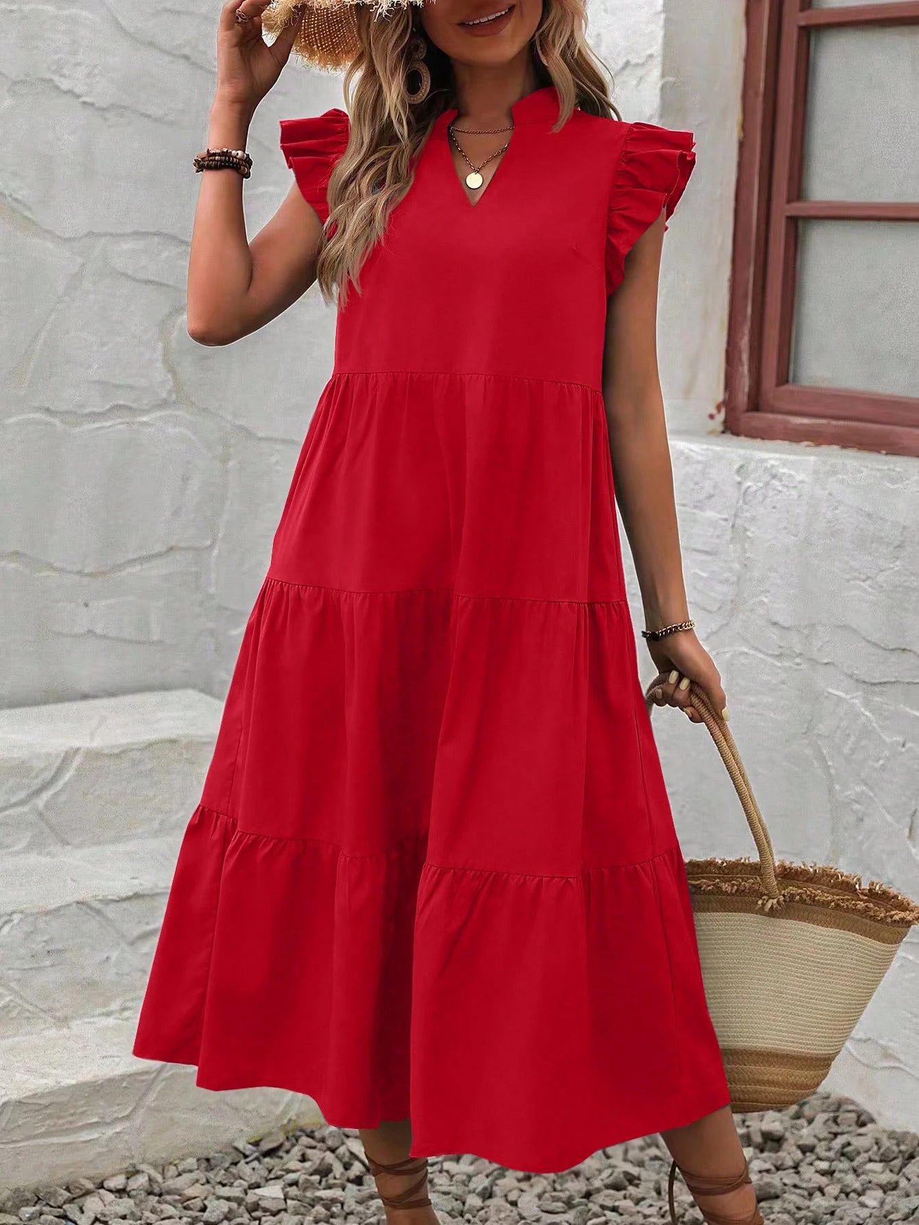 EMERY ROSE Notched Neckline Ruffle Trim Smock Dress Maxi Vacation