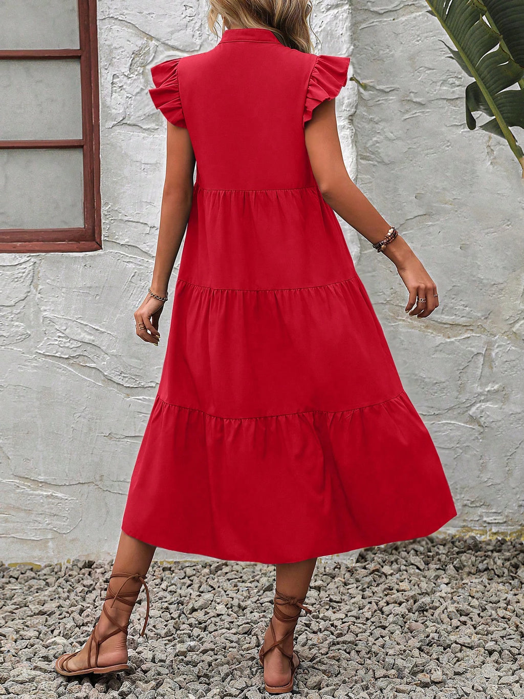 EMERY ROSE Notched Neckline Ruffle Trim Smock Dress Maxi Vacation