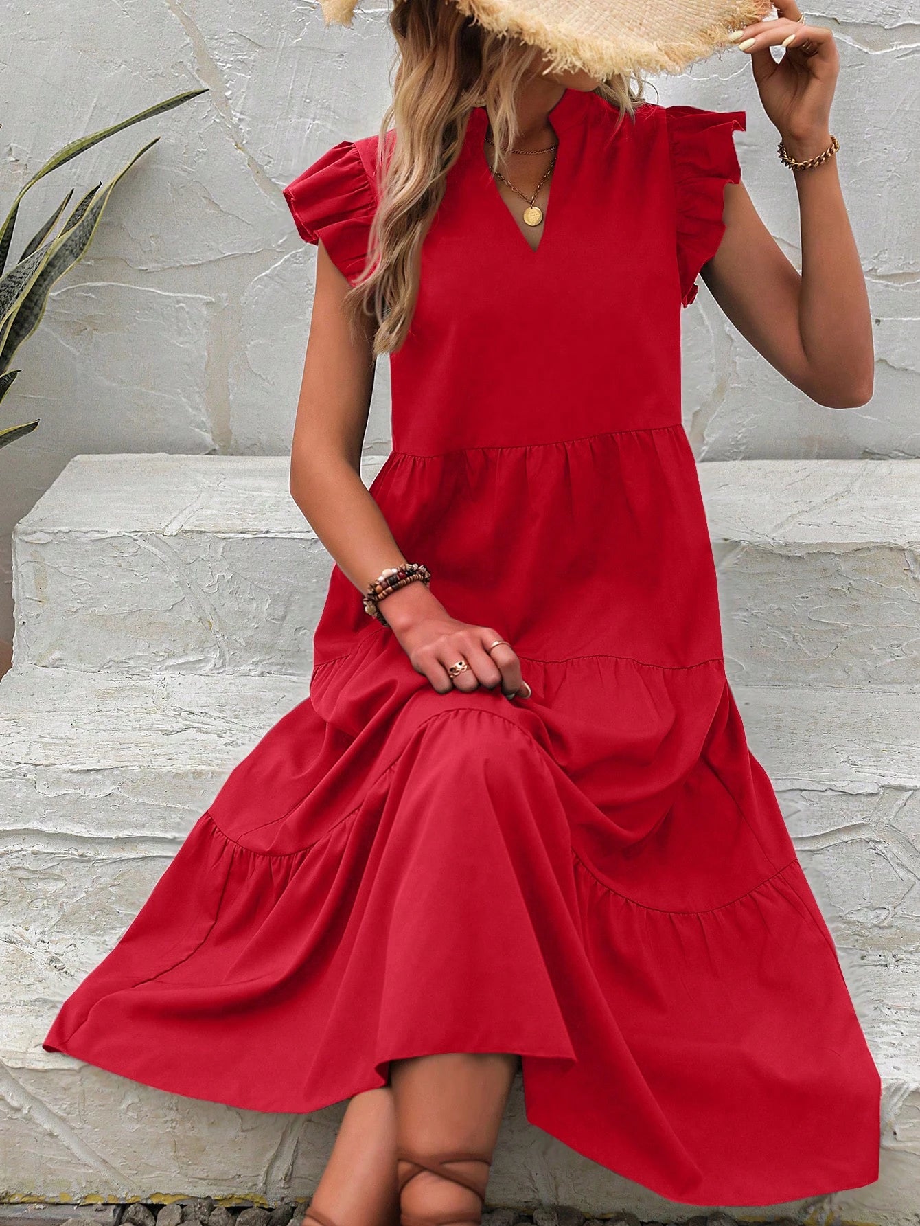 EMERY ROSE Notched Neckline Ruffle Trim Smock Dress Maxi Vacation