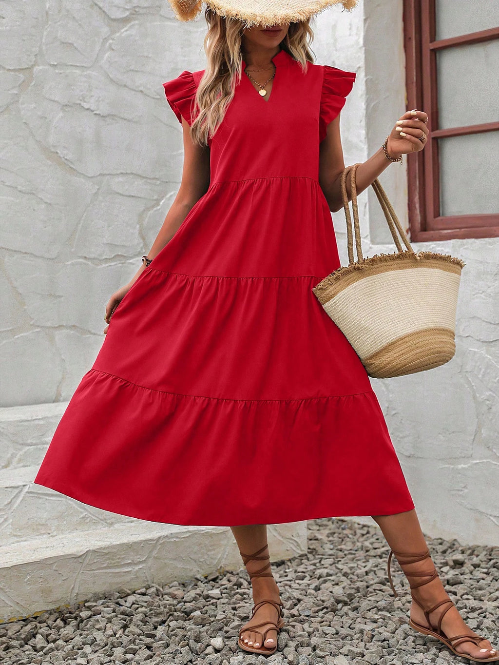 EMERY ROSE Notched Neckline Ruffle Trim Smock Dress Maxi Vacation