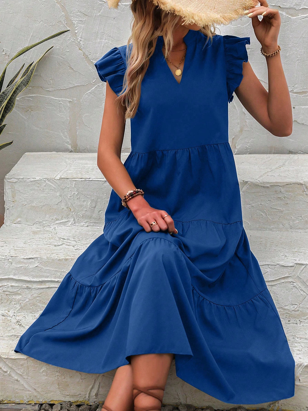 EMERY ROSE Notched Neckline Ruffle Trim Smock Dress Maxi Vacation