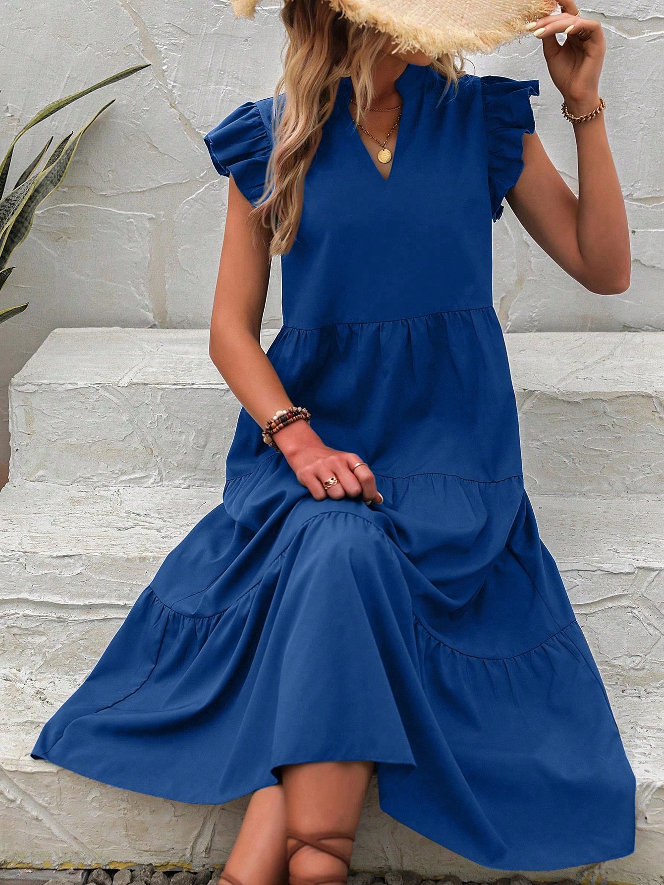 EMERY ROSE Notched Neckline Ruffle Trim Smock Dress Maxi Vacation