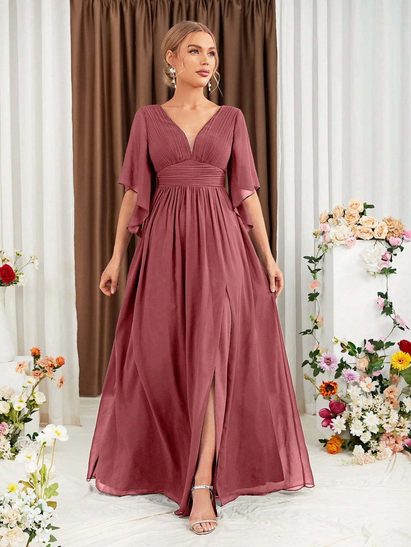 Butterfly Sleeve Split Thigh Chiffon Bridesmaid Dress Elegant Dress, Bride Dress Wedding - image 18