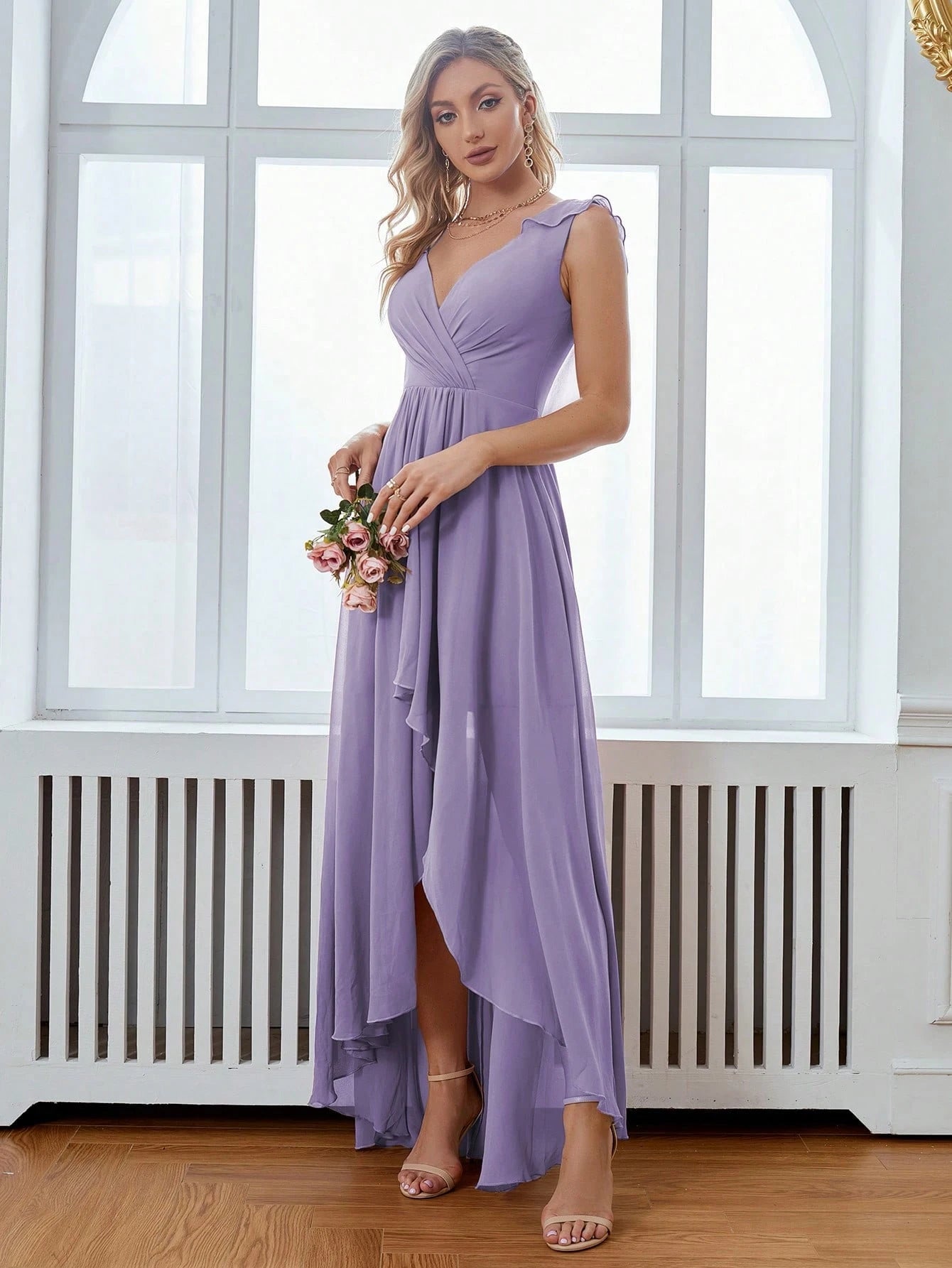 Asymmetric Ruffle Chiffon Elegant Bridesmaid Dress Wedding