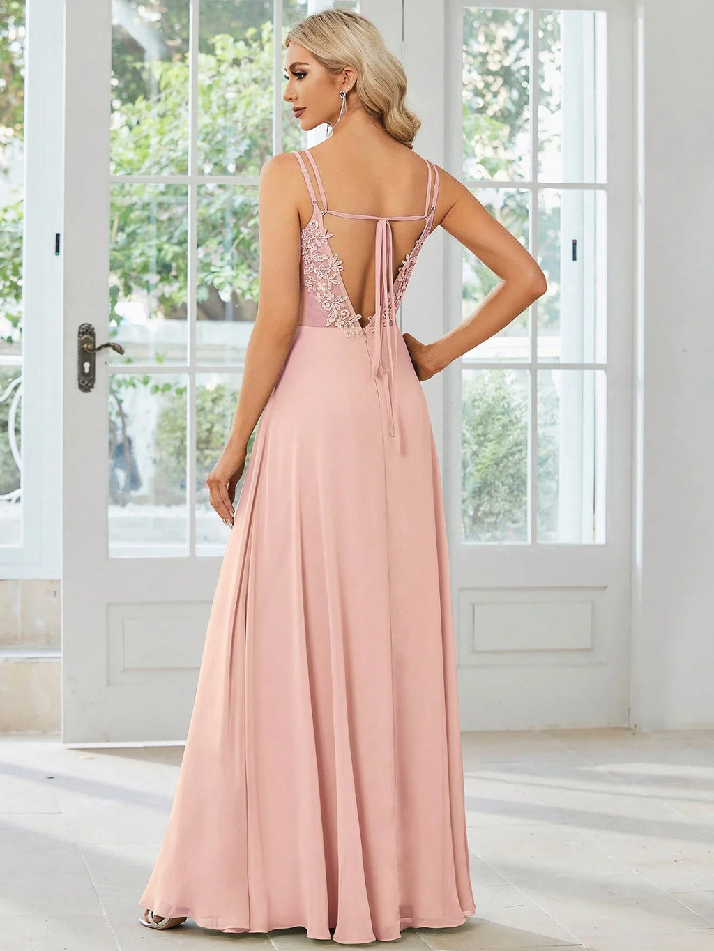 EVERPRETTY Elegant Chiffon Backless Floral Embroidered Sage Green Bridesmaid Dress, Suitable For Birthday - image 12