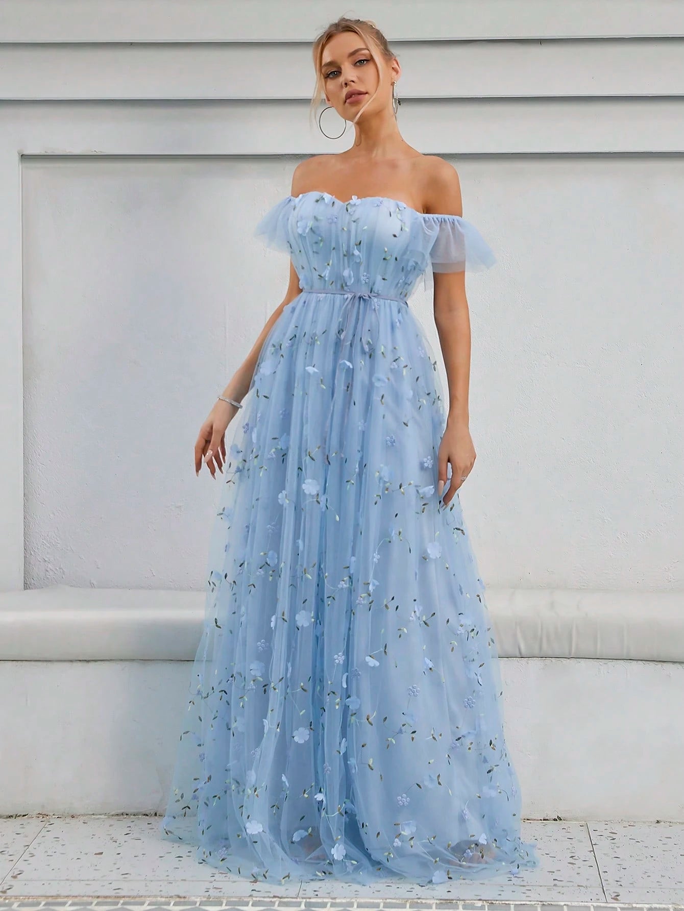 Elegant Romance Light Blue Off Shoulder 3D Floral Embroidery Maxi Gown With Thin For Women Summer Wedding, - image 8