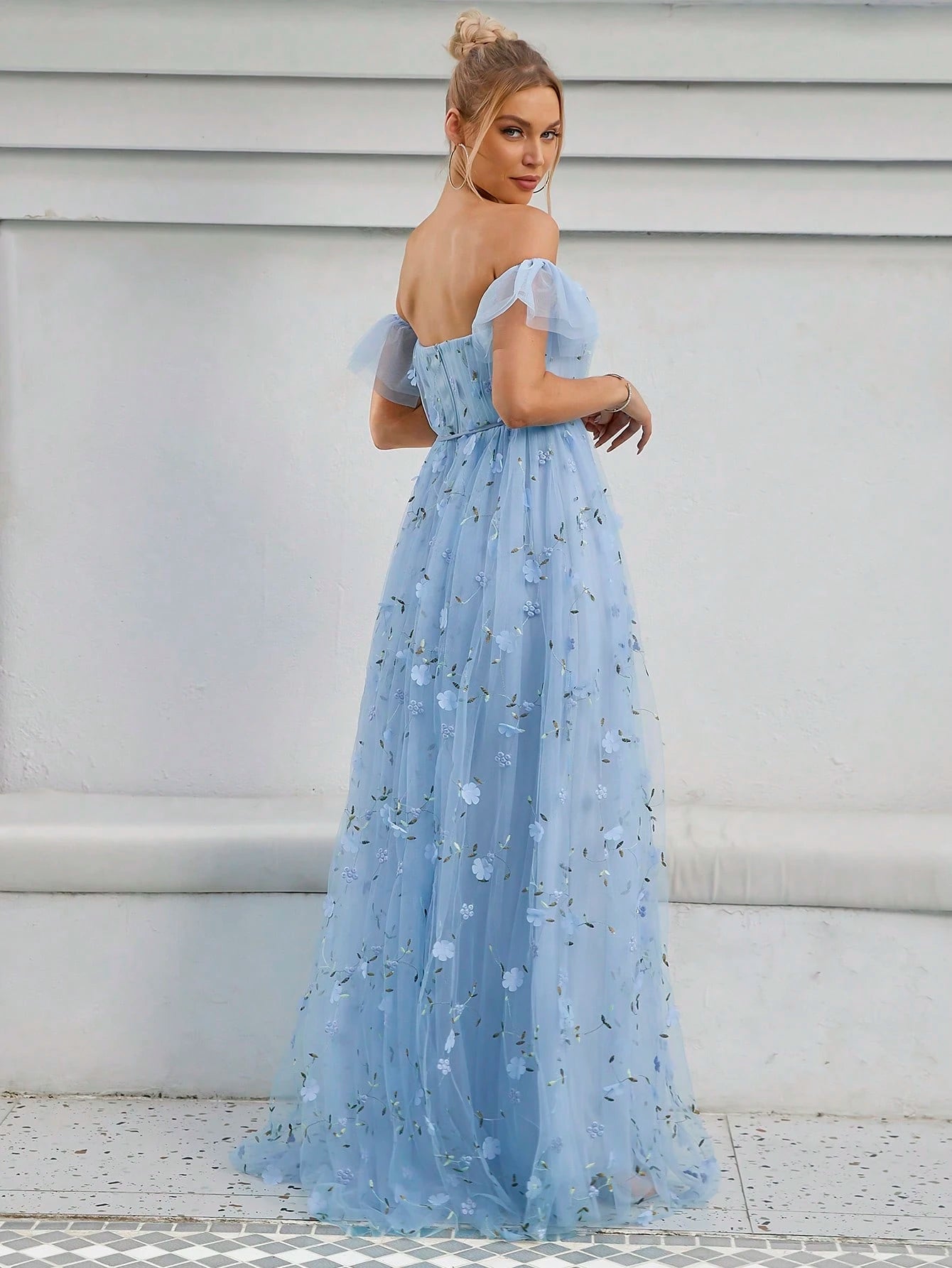 Elegant Romance Light Blue Off Shoulder 3D Floral Embroidery Maxi Gown With Thin For Women Summer Wedding, - image 9