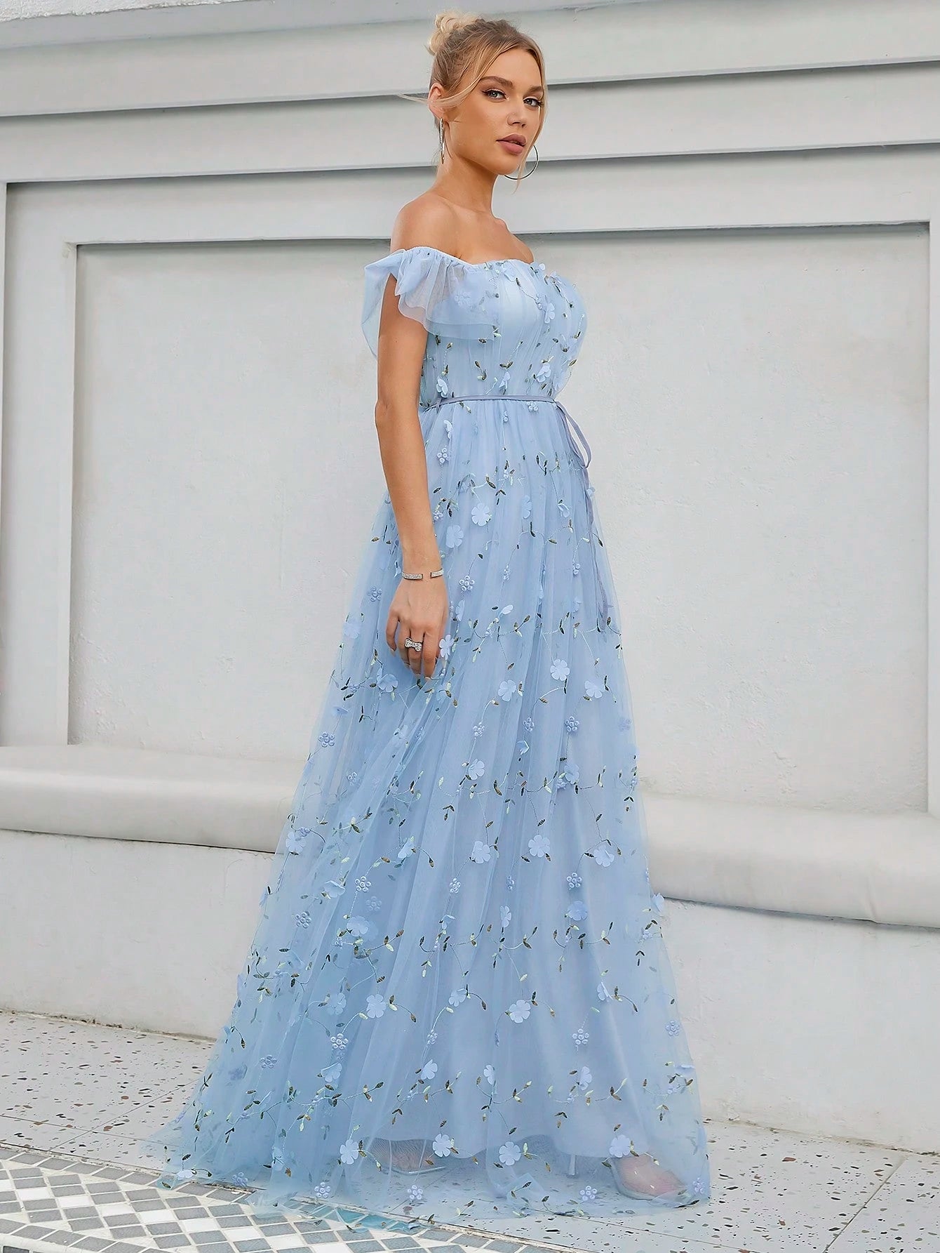 Elegant Romance Light Blue Off Shoulder 3D Floral Embroidery Maxi Gown With Thin For Women Summer Wedding, - image 10