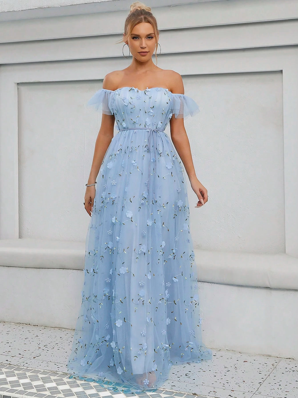 Elegant Romance Light Blue Off Shoulder 3D Floral Embroidery Maxi Gown With Thin For Women Summer Wedding, - image 11