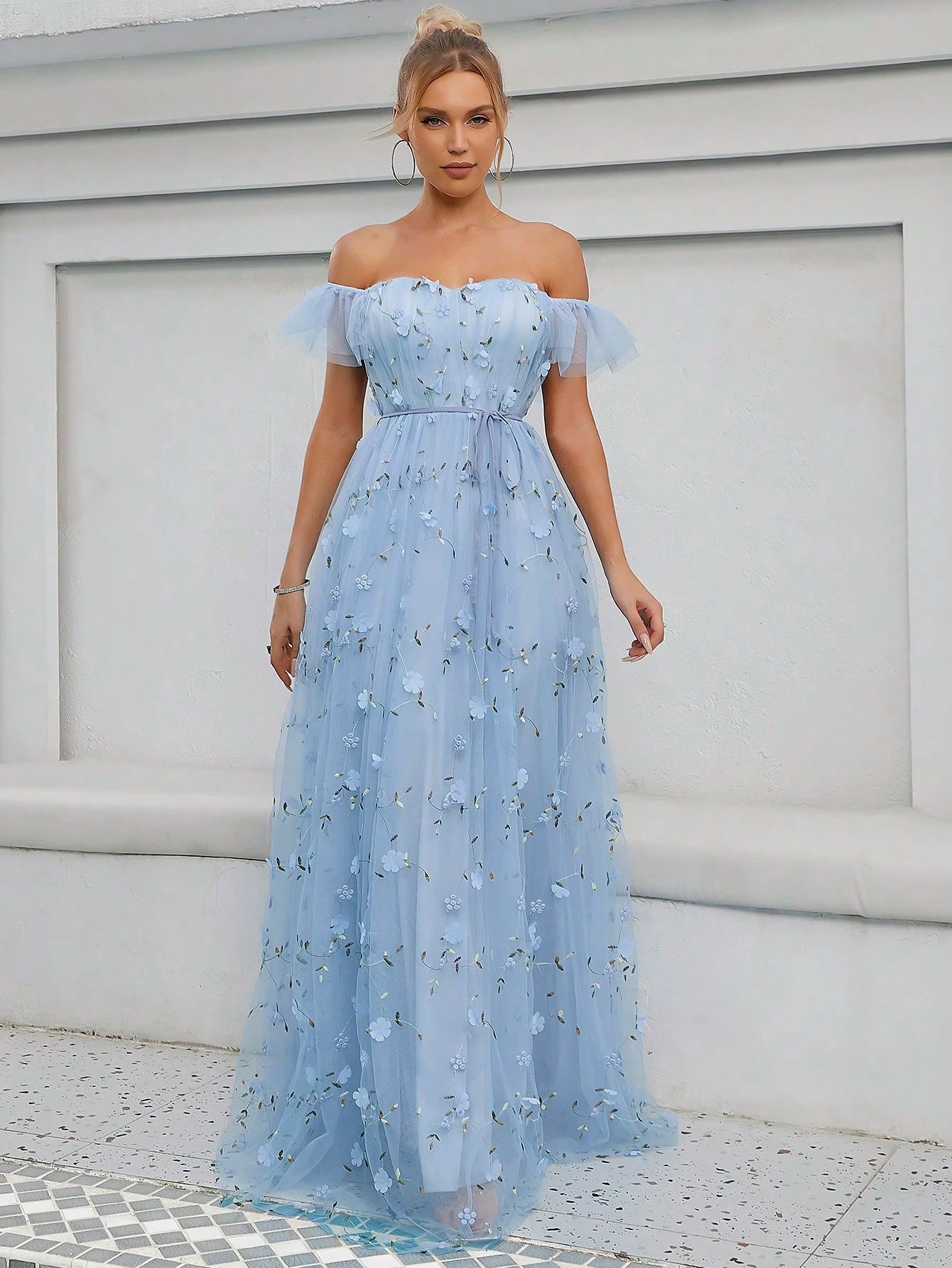 Elegant Romance Light Blue Off Shoulder 3D Floral Embroidery Maxi Gown With Thin For Women Summer Wedding, - image 11