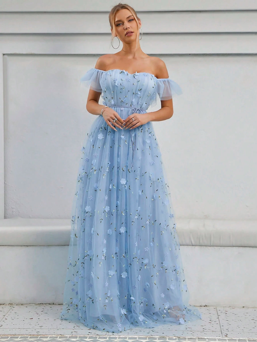 Elegant Romance Light Blue Off Shoulder 3D Floral Embroidery Maxi Gown With Thin For Women Summer Wedding, - image 12