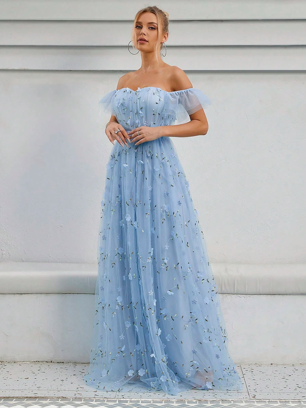 Elegant Romance Light Blue Off Shoulder 3D Floral Embroidery Maxi Gown With Thin For Women Summer Wedding, - image 13