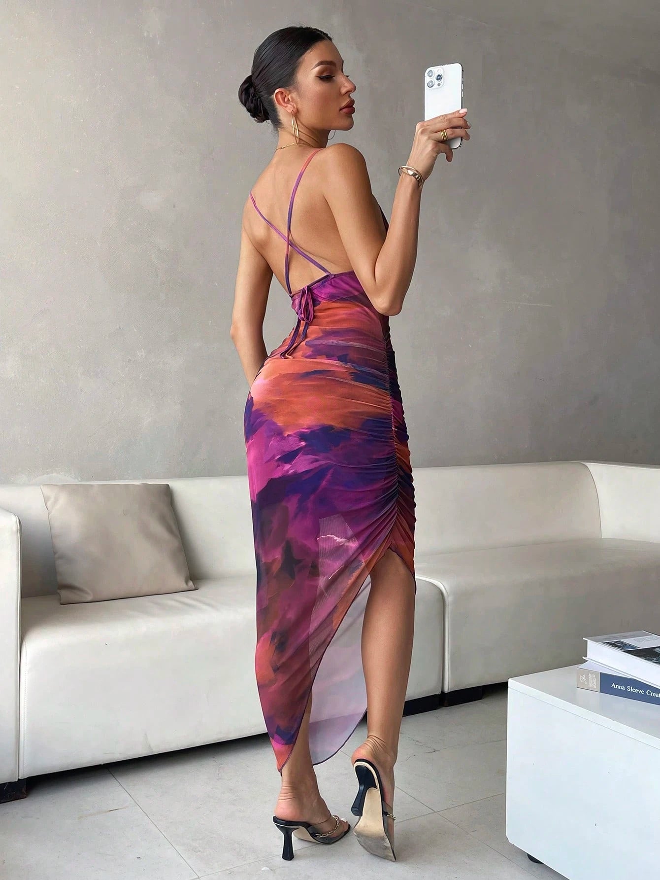 Xyvia Women's Luxury Summer Evening Dress, Tie Dye Printed Draped Neck, Backless Spaghetti Strap Dress' - image 8