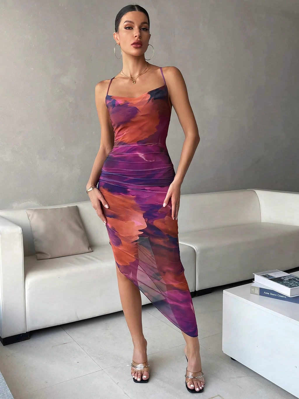 Xyvia Women's Luxury Summer Evening Dress, Tie Dye Printed Draped Neck, Backless Spaghetti Strap Dress' - image 11