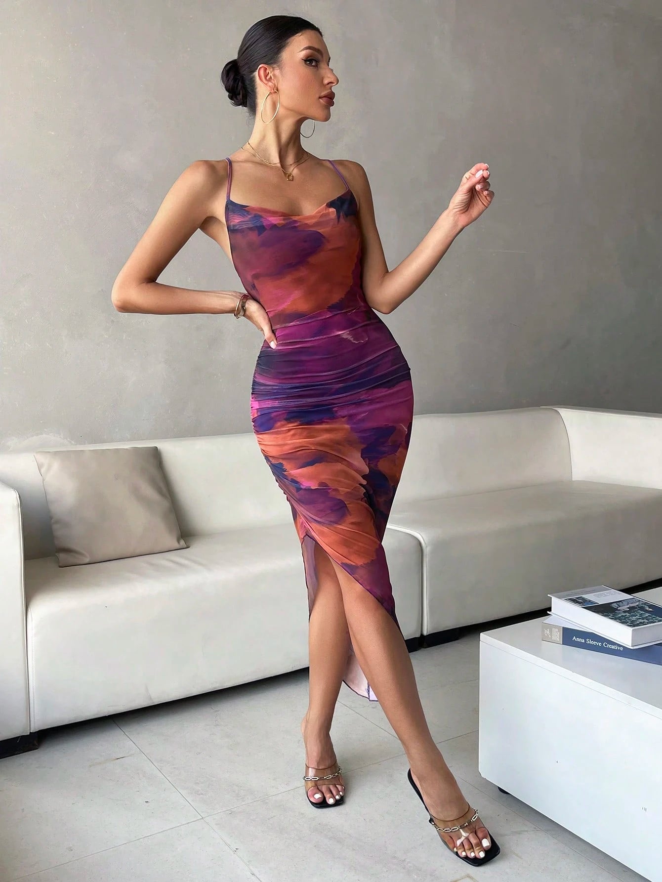 Xyvia Women's Luxury Summer Evening Dress, Tie Dye Printed Draped Neck, Backless Spaghetti Strap Dress' - image 12