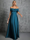 Summer Emerald Green Off-Shoulder Twisted Ruched Satin Maxi Dress, Elegant A-Line Floor-Length Formal Evening