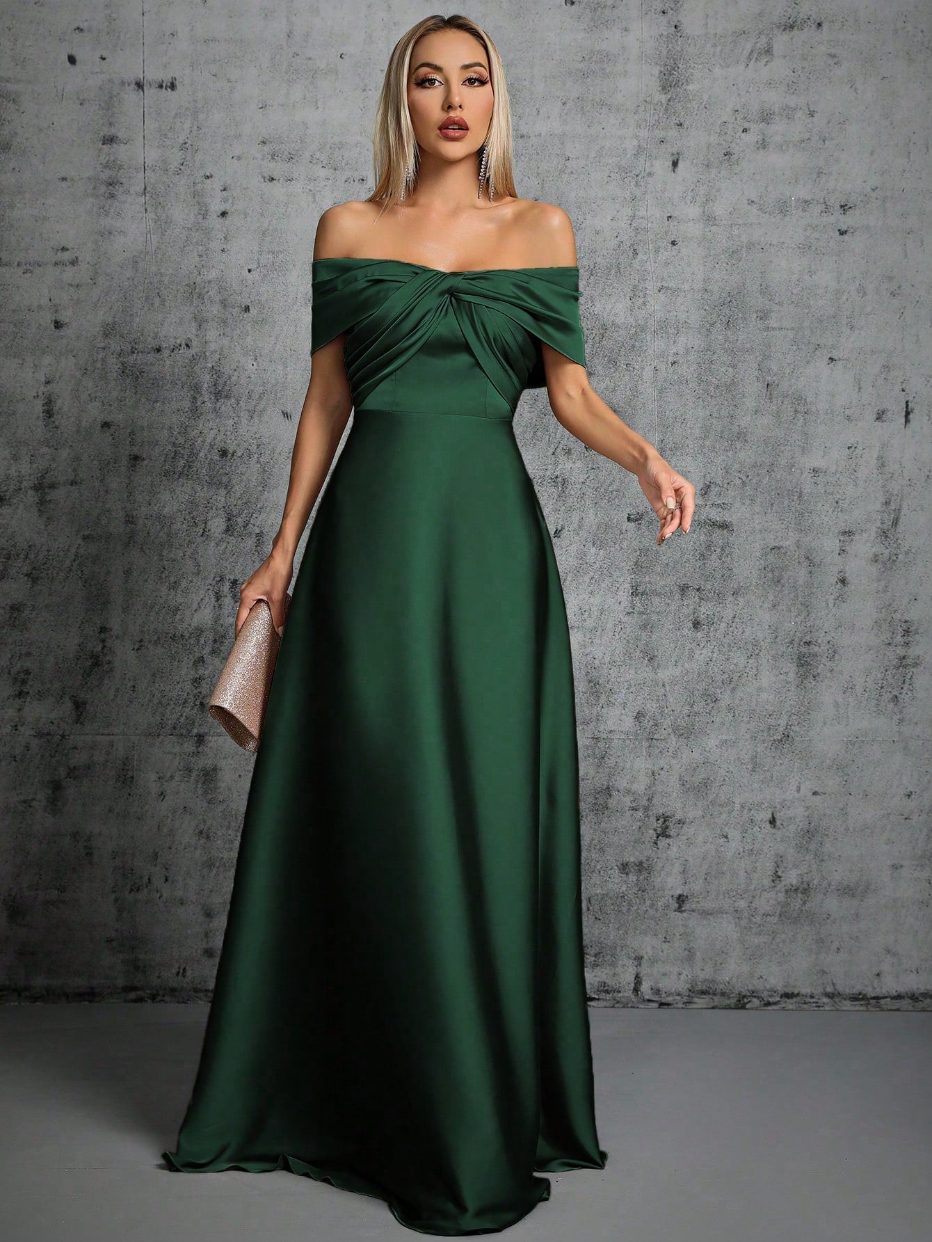 Summer Emerald Green Off-Shoulder Twisted Ruched Satin Maxi Dress,