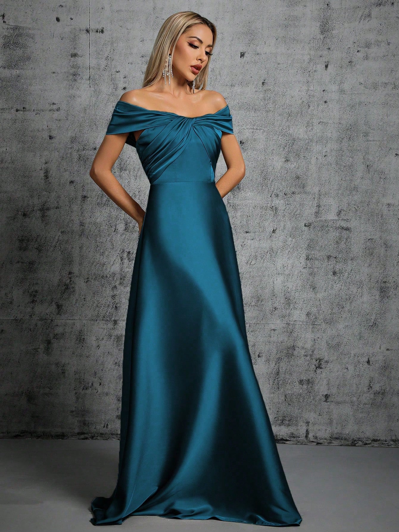 Summer Emerald Green Off-Shoulder Twisted Ruched Satin Maxi Dress, Elegant A-Line Floor-Length Formal Evening - image 6