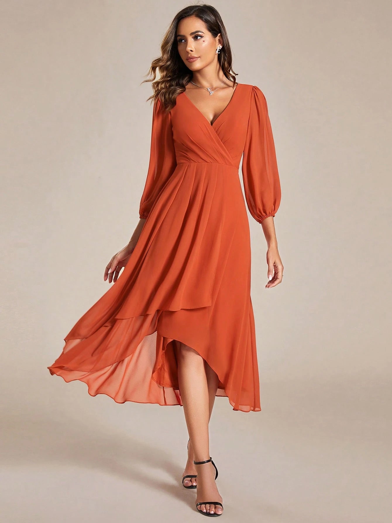 EVERPRETTY Elegant Lantern Sleeve Pleated Chiffon Bridesmaid Dress,