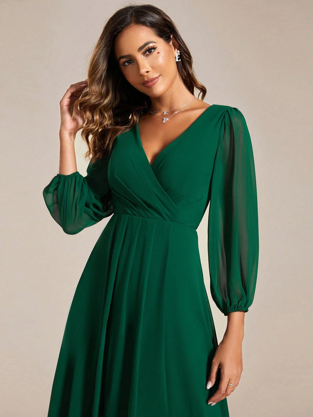 EVERPRETTY Elegant Lantern Sleeve Pleated Chiffon Bridesmaid Dress, Formal Gown, Wedding Guest Dress - image 16