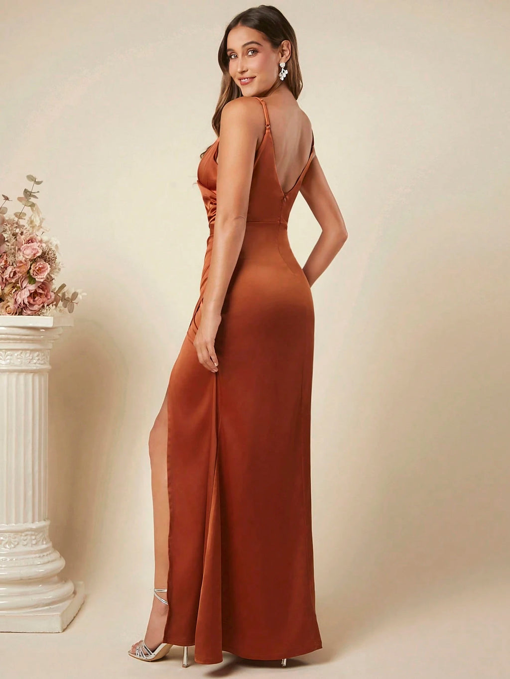 Belle Ruched Split Thigh Cami Dress Elegant Bridesmaid Dress Wedding Guest Dress - Elegant Floor Length Gown - image 11