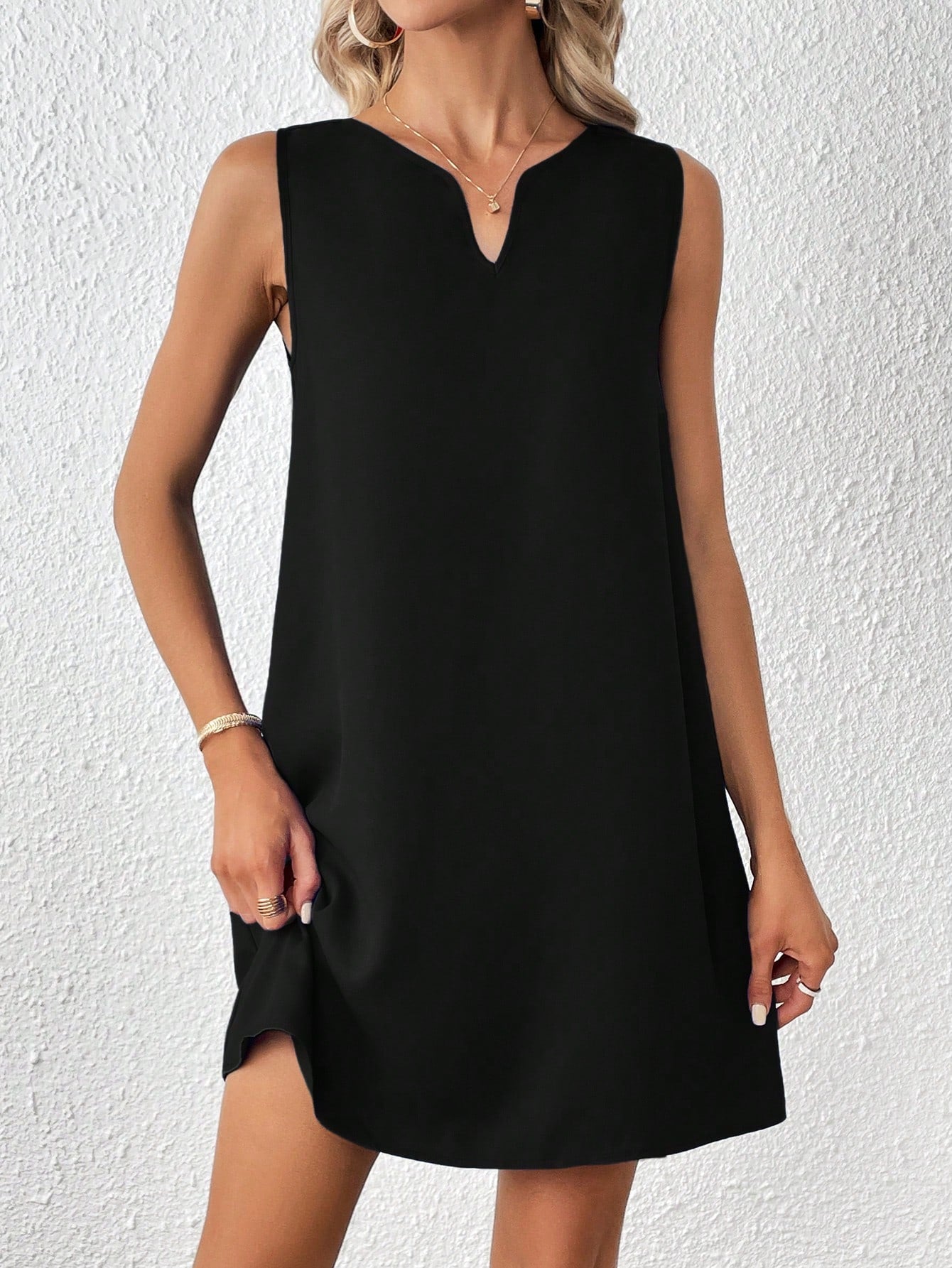 Clasi Solid Notched Neckline Sleeveless Tank Dress,Business Casual
