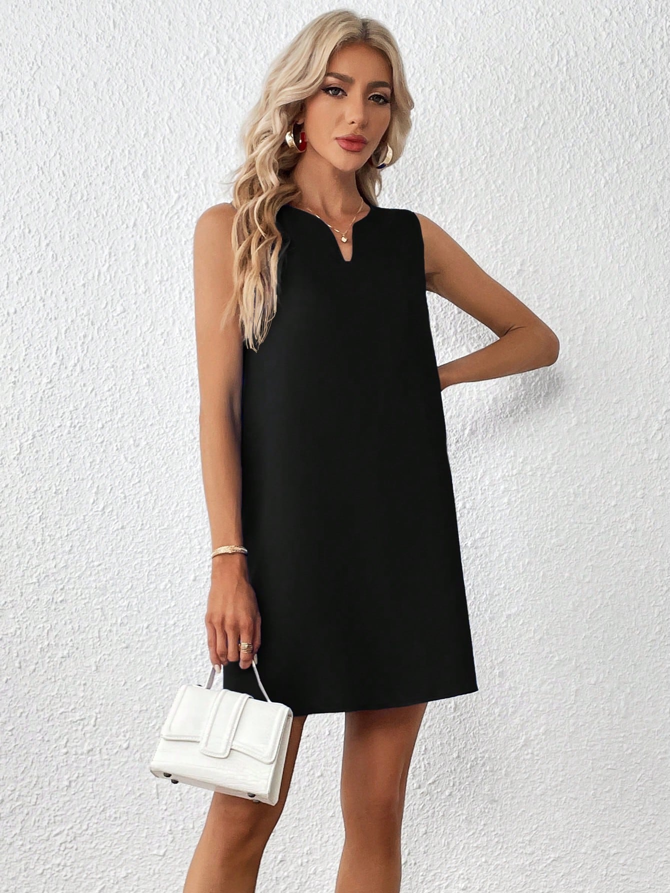 Clasi Solid Notched Neckline Sleeveless Tank Dress,Business Casual