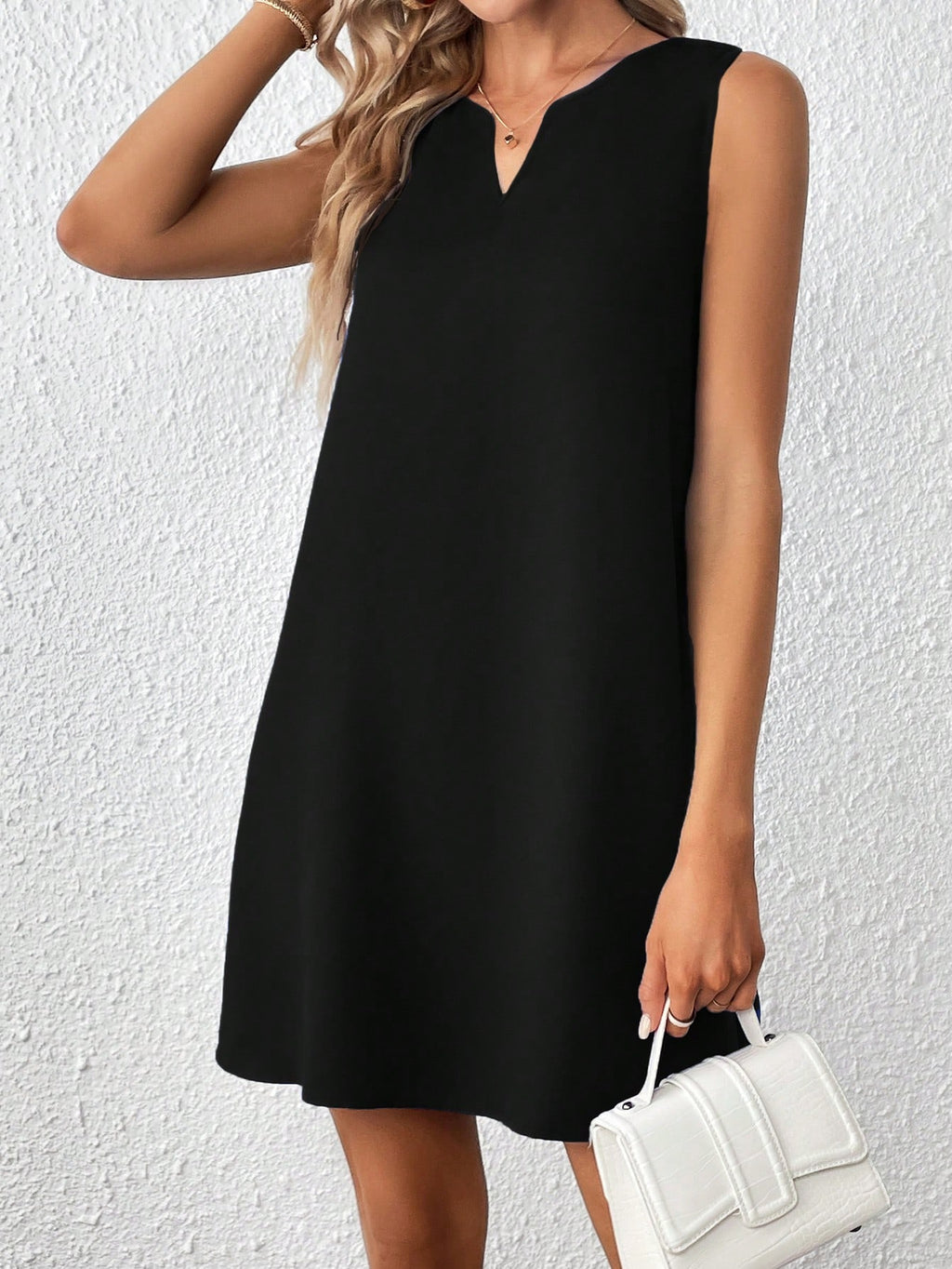 Clasi Solid Notched Neckline Sleeveless Tank Dress,Business Casual