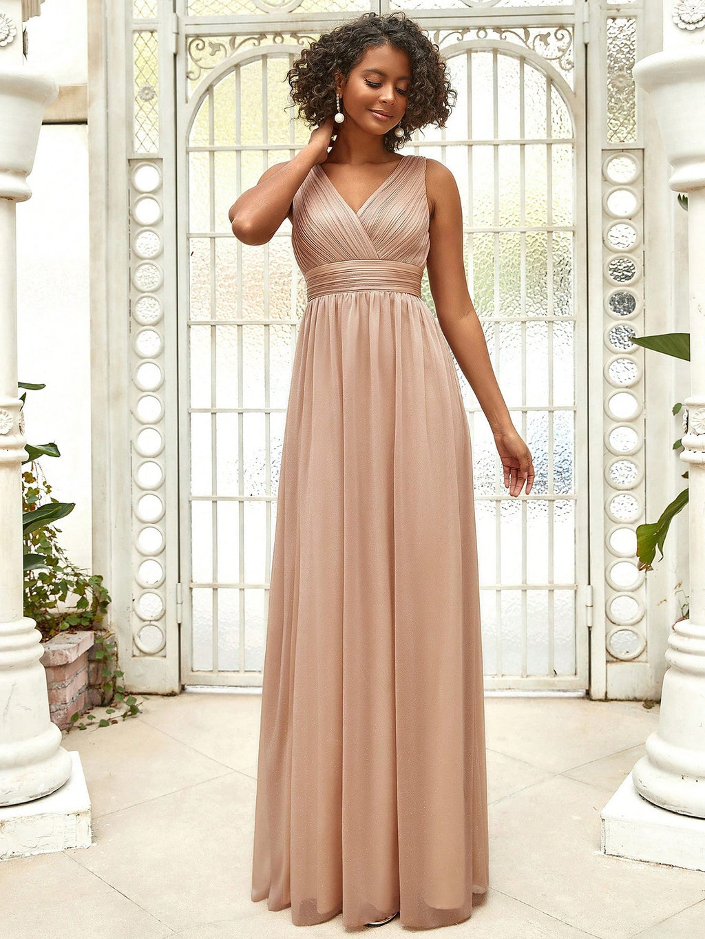 V Neck Ruched Bodice Prom Dress, Bridesmaid Dress Wedding Elegant Spring
