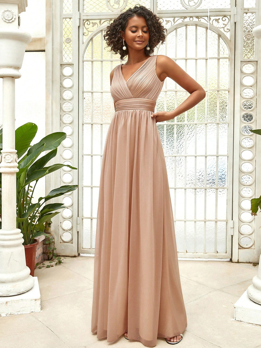 V Neck Ruched Bodice Prom Dress, Bridesmaid Dress Wedding Elegant Spring - image 3