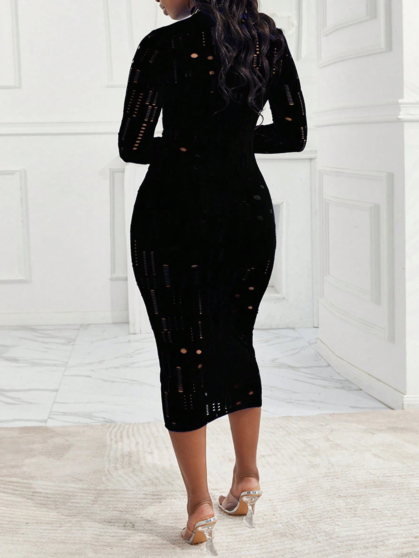 ChicMe 3pcs Set: Long Sleeve Hollow Sheer Fitted Crop Top + Vintage